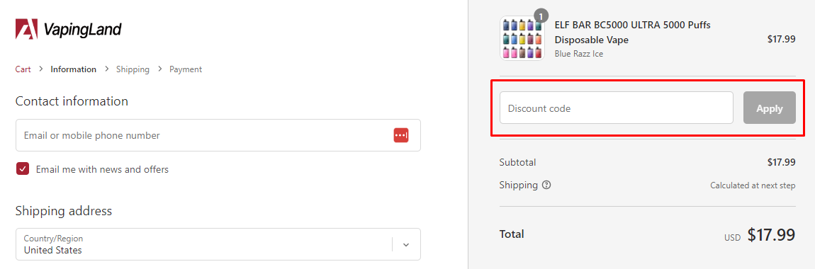 How do I use my Vaping Land discount code?