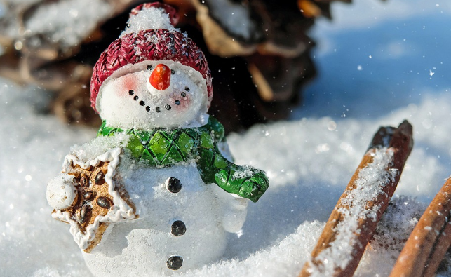 Eine kleine Schneemann-Figur im Schnee, die ein Plätzchen dank des Weihnachten Rabattcodes hält