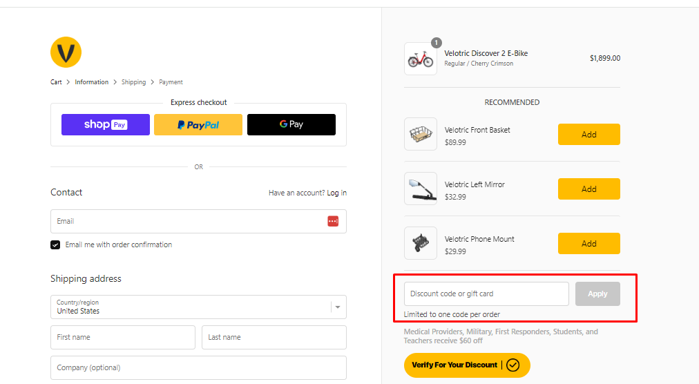 How do I use my Velotric discount code?