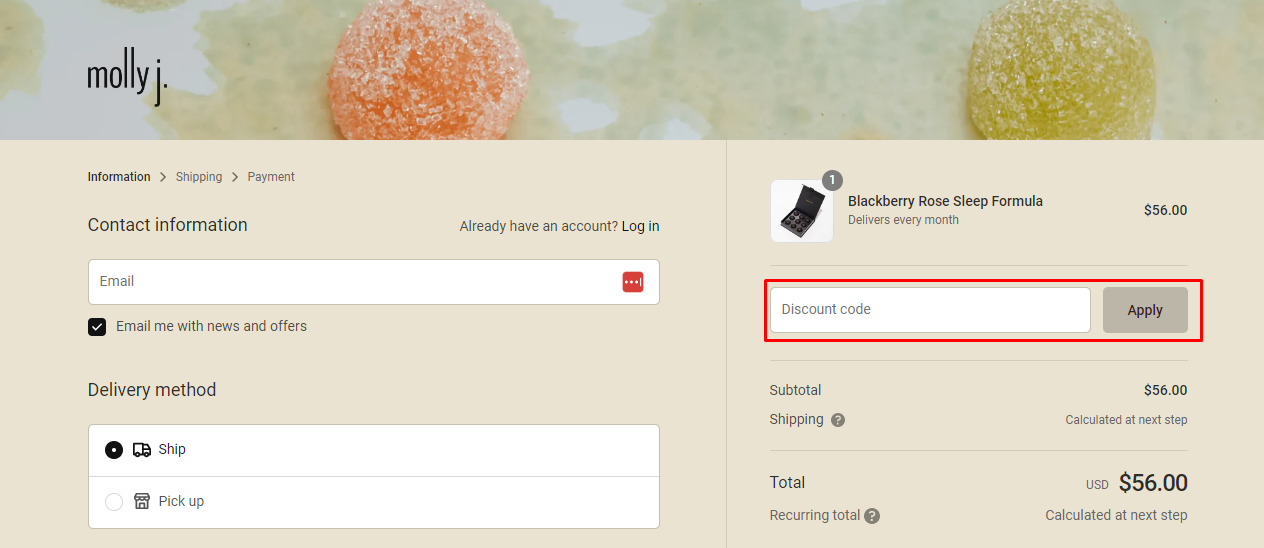 How do I use my Molly J. discount code?
