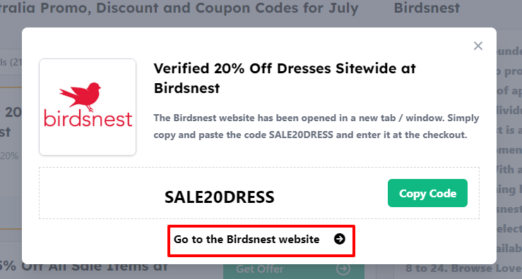 A box displayed on a white background of a Birdsnest coupon code with a ‘Go to the Birdsnest website’ message