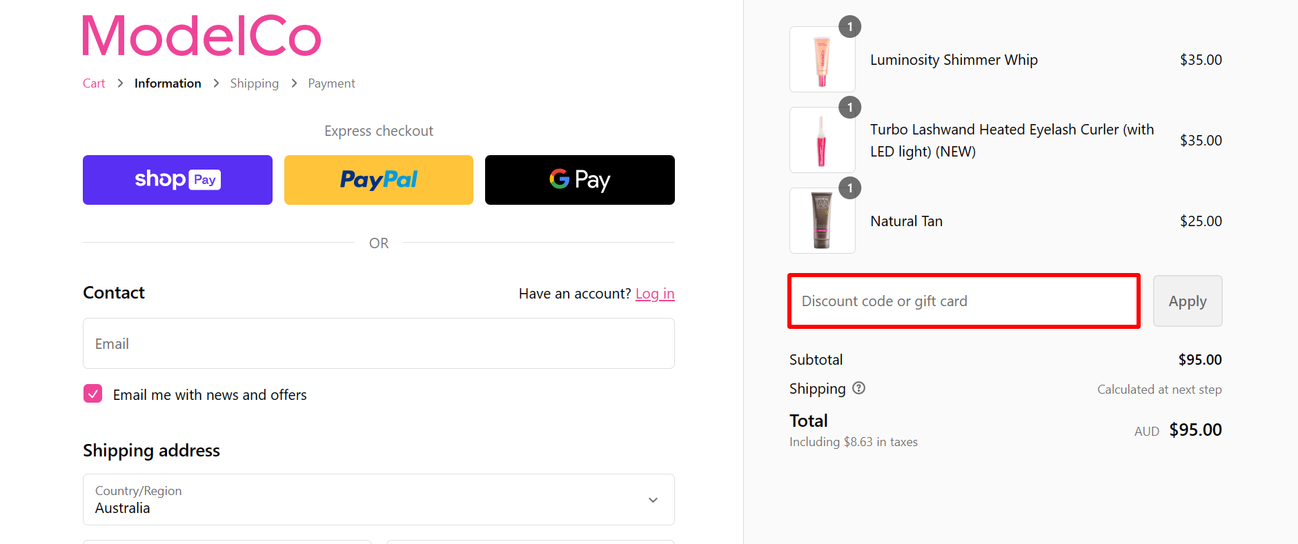 The highlighted red box at the brand checkout page is showing where to add the Model Co discount code.