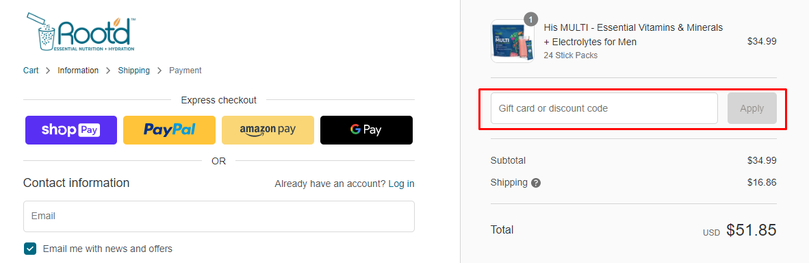 How do I use my Root'd discount code?