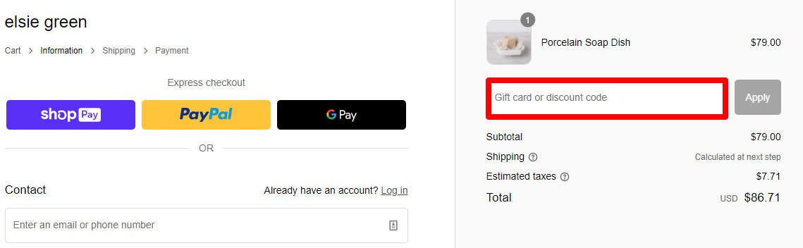 a Elsie Green coupon code box marked in red where customers put their code for it to be redeemed