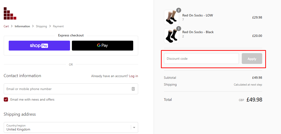 How do I use my Red on Socks discount code?
