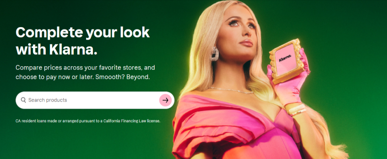 Klarna home page with a woman in pink ready to make a purchas