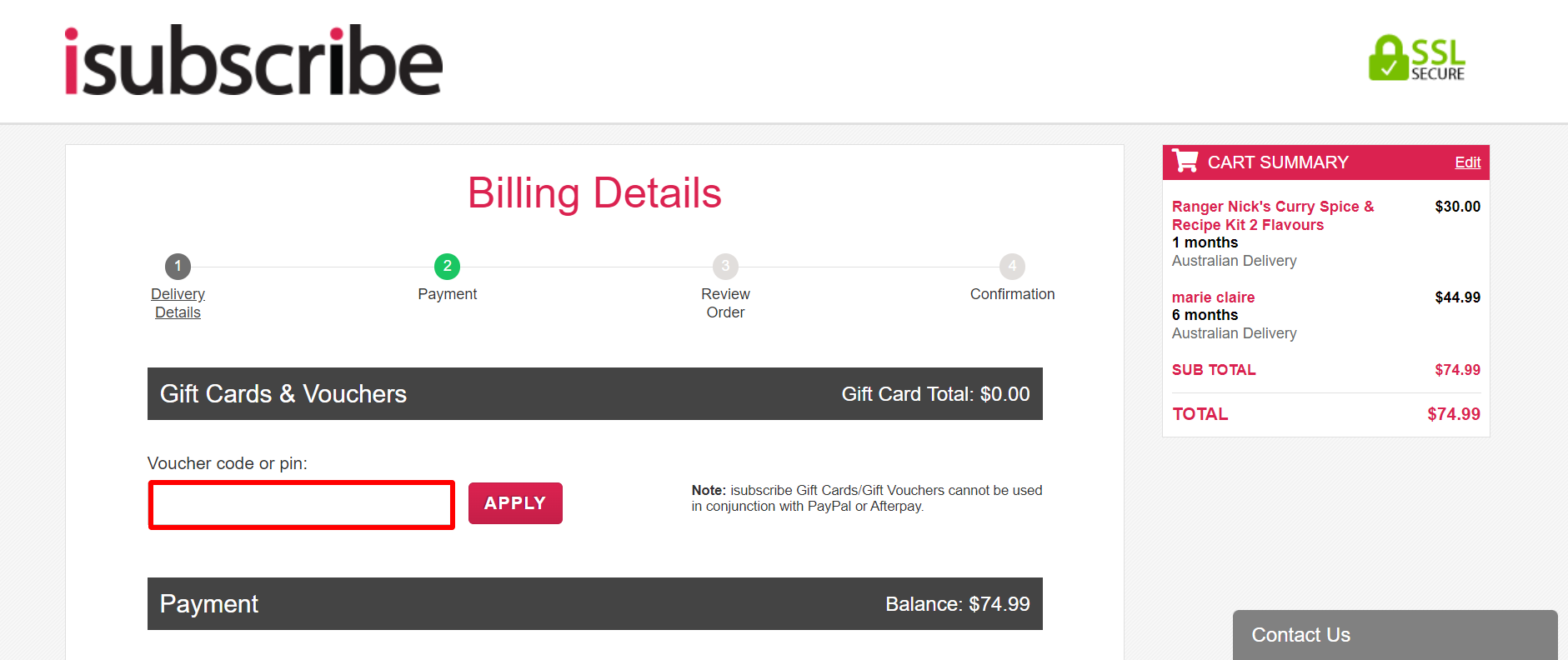 The highlighted red box at the brand checkout page is showing where to add the isubscribe discount code.