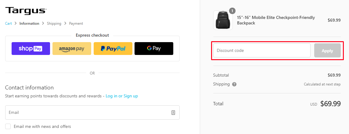 How do I use my Targus discount code?