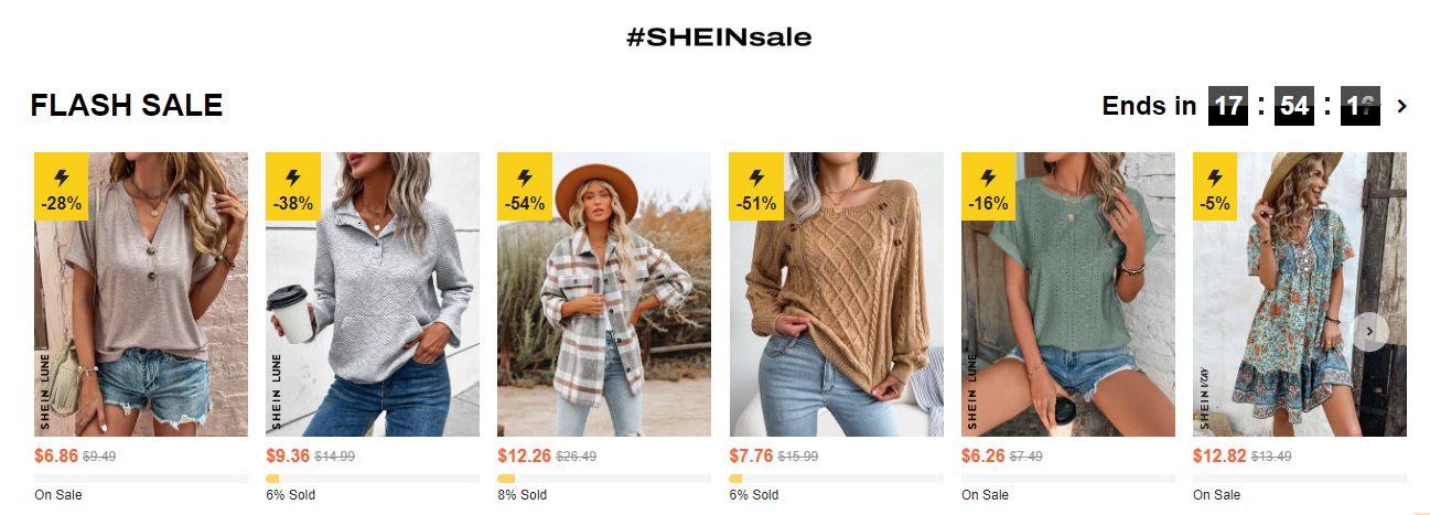 A collage of the timed SHEIN flash sale which shows different apparel daily