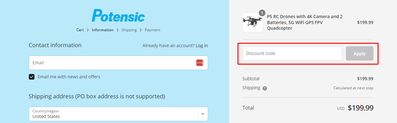 How do I use my Potensic discount code?