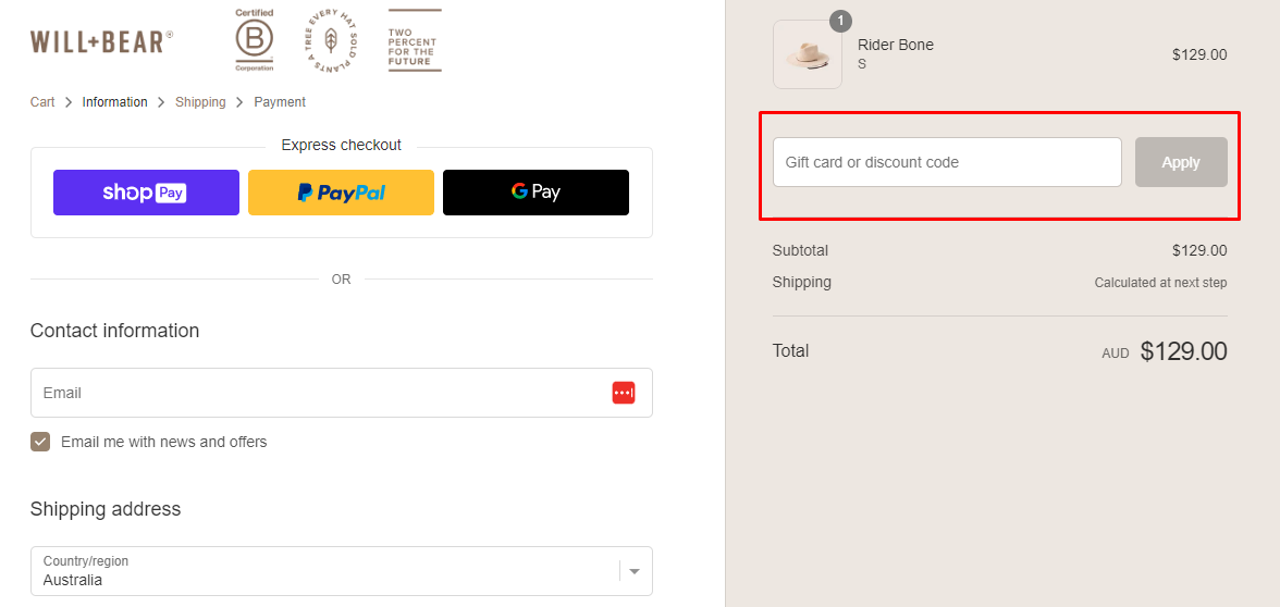 How do I use my Will & Bear discount code?