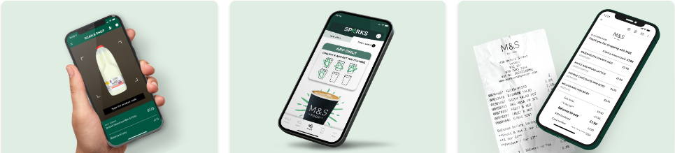 Sparks app used on mobile devices for scan and shop, Sparks stamps and digital receipts.
