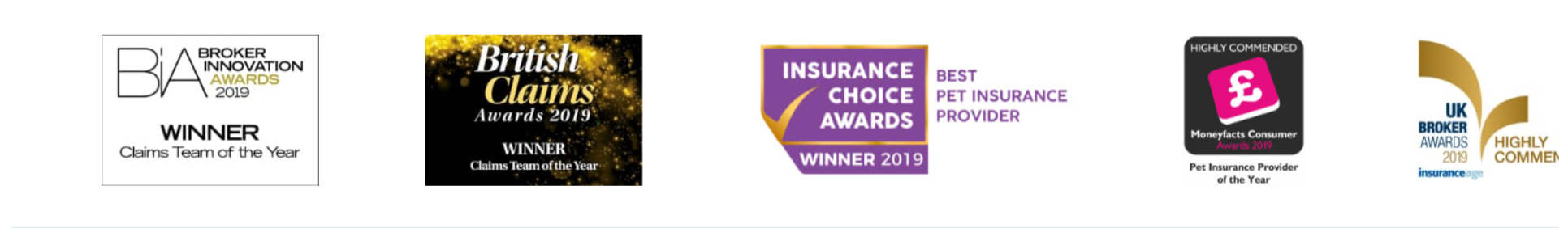 Five different awards won by Purely Pets as the Best Pet Insurance Provider.