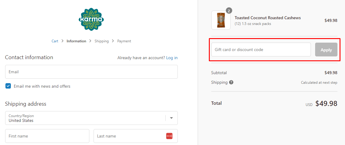 How do I use my Karma Nuts discount code?