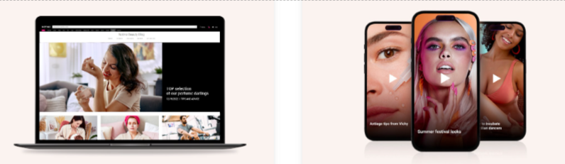 Mehrere Smartphones und ein Laptop, auf denen mehrere Frauen abgebildet sind