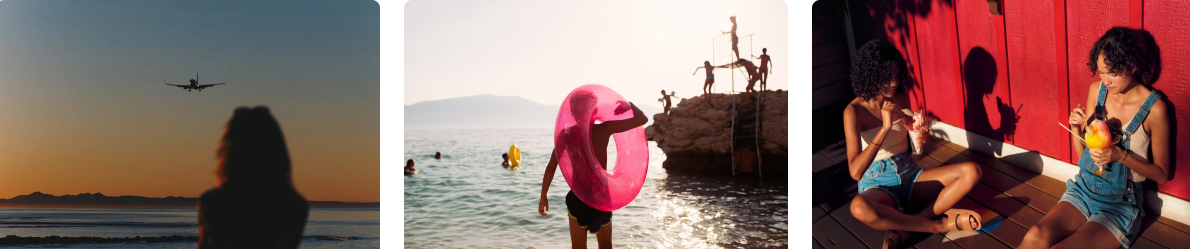 three distinct frames showing people on trips or vacations enjoying scenery, food, and activities