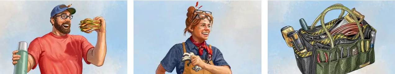 three framed images displaying woman’s working clothes, men's casual clothes, and a gear bag