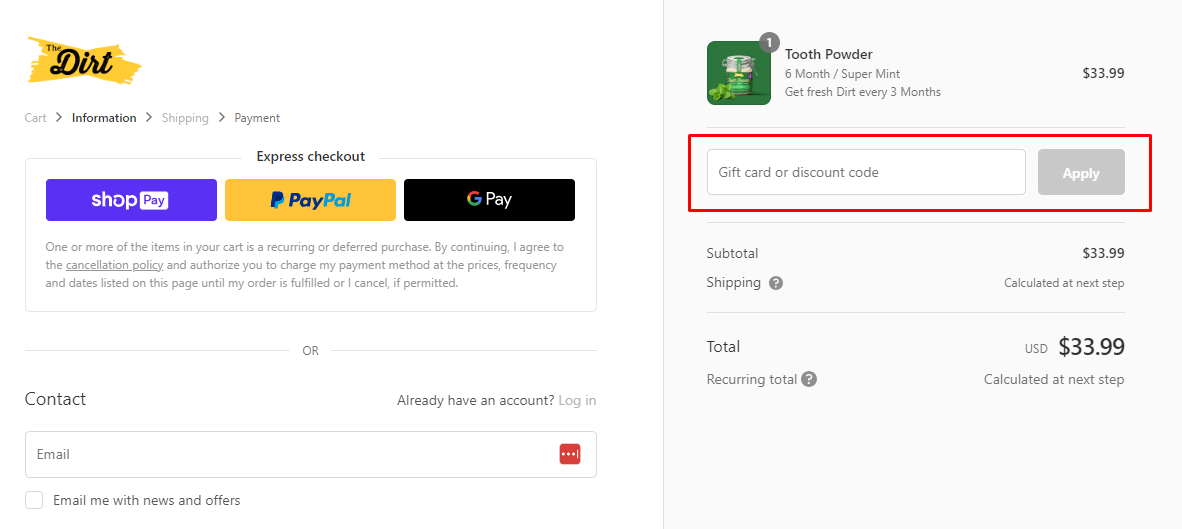 How do I use my The Dirt discount code?