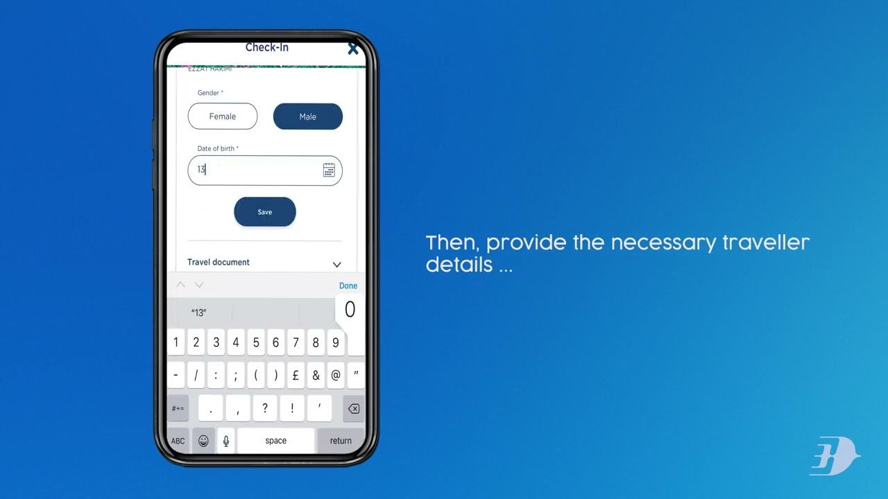 A mobile smartphone on a blue background showing how to check in at Malaysia Airlines online.