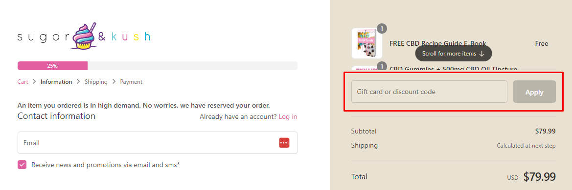 How do I use my Sugar and Kush discount code?
