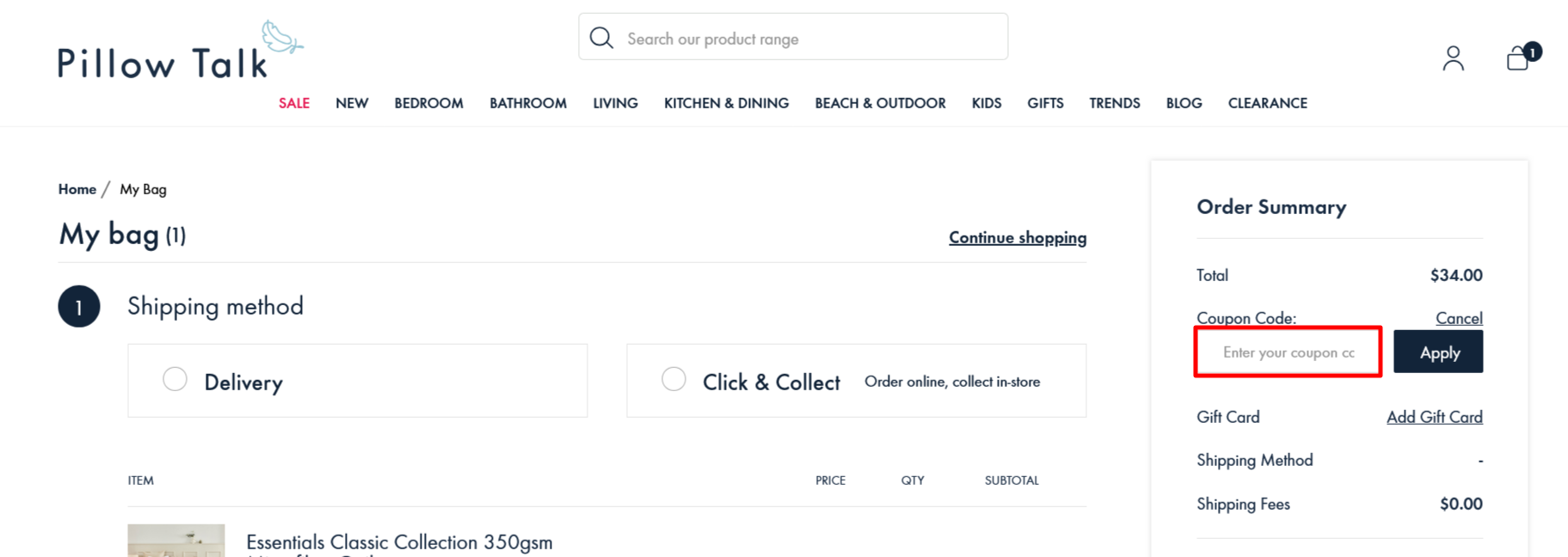 Pillow Talk checkout page where to enter your code