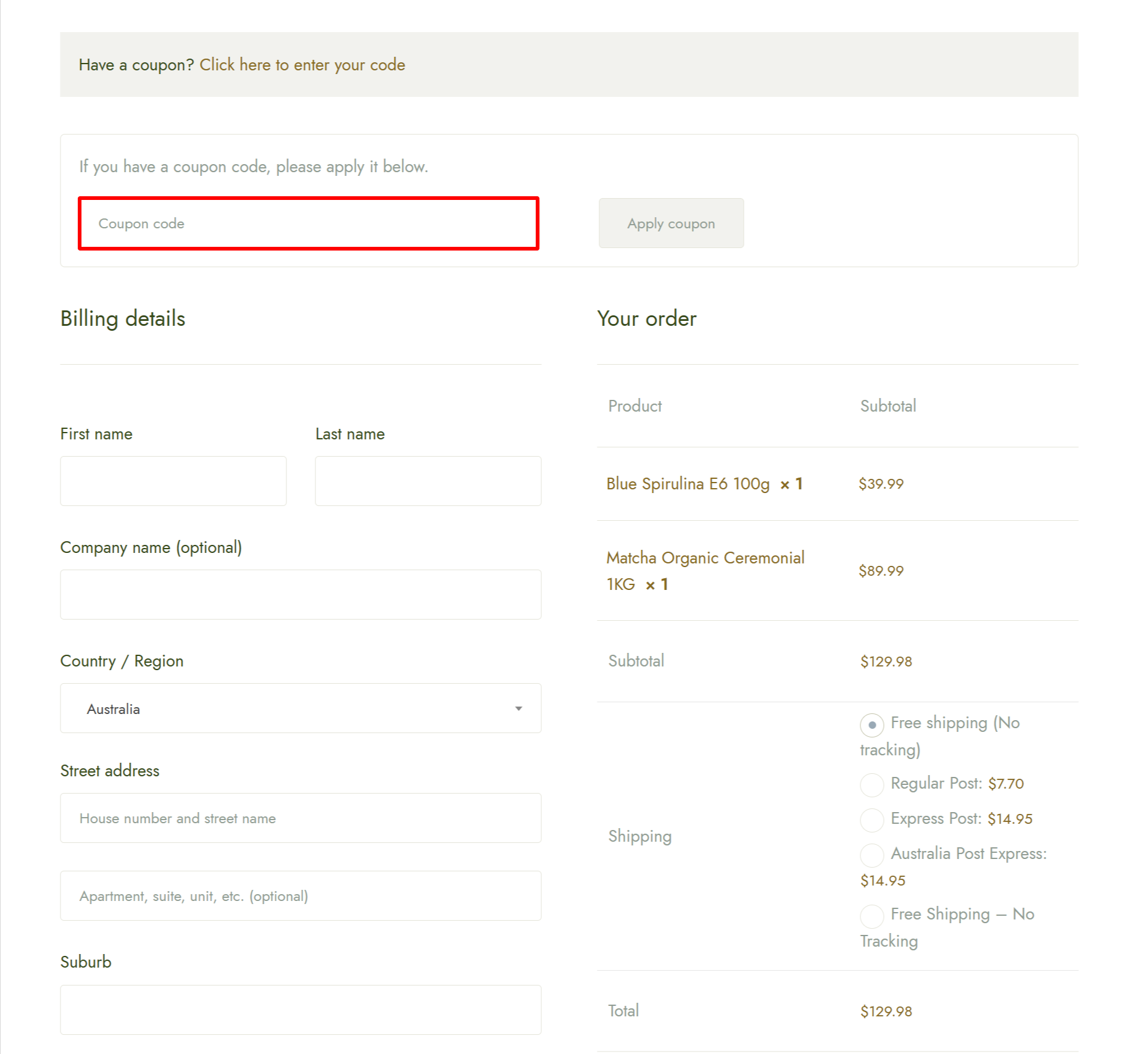 The highlighted red box at the brand checkout page is showing where to add the Matcha Leaf discount code.