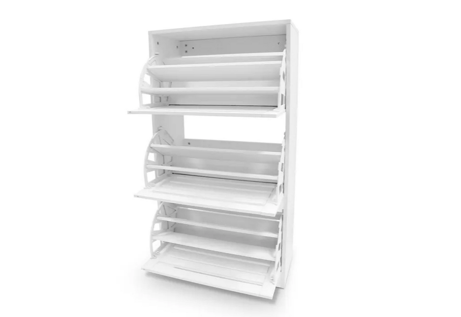 white 45 Pair Wood Shoe Storage Cabinet 3 Door Shoe Organizer Rack all on a white background