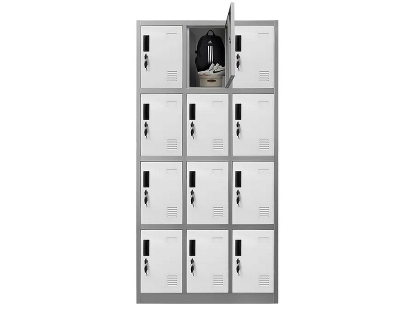 white and grey  12 Doors Locker Cabinet Steel Storage Cupboard with black locks and keys attached all on a white background