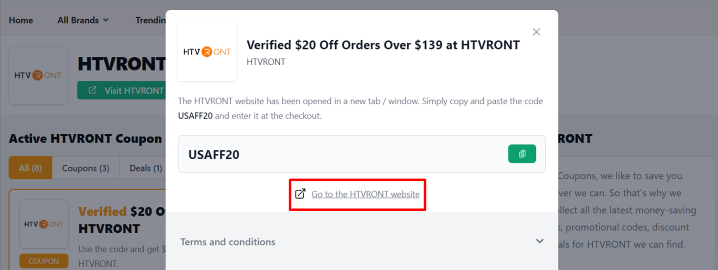 Box displayed on a darkened background of an HTVRONT coupon code with the terms and conditions showing