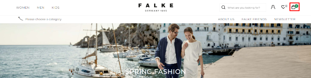 The Falke website and the shopping categories