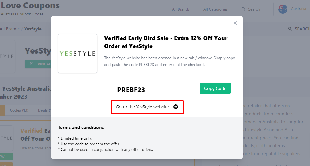 Box displayed on a white background of a YesStyle discount code with the message ‘Go to the YesStyle website’