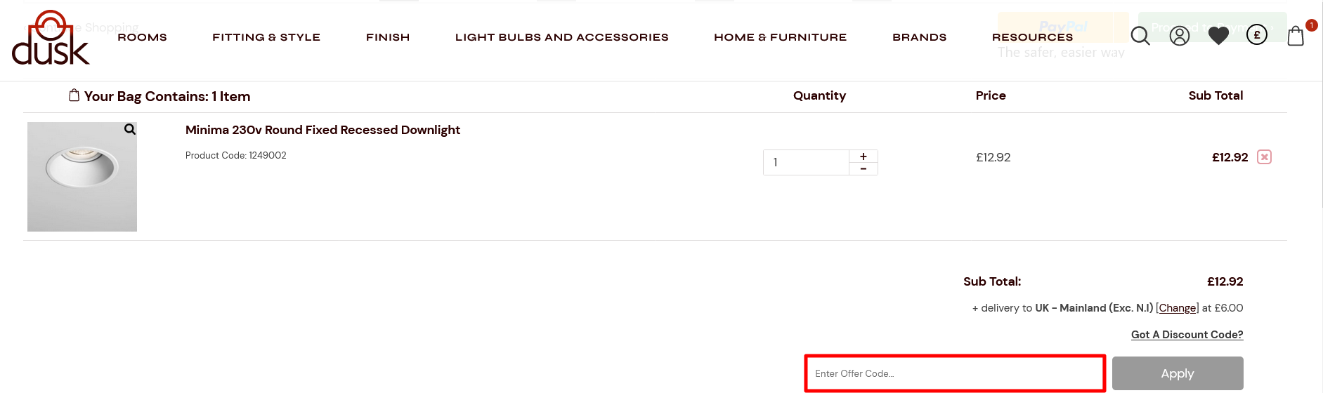 The checkout page for Dusk Lighting, where you paste the code