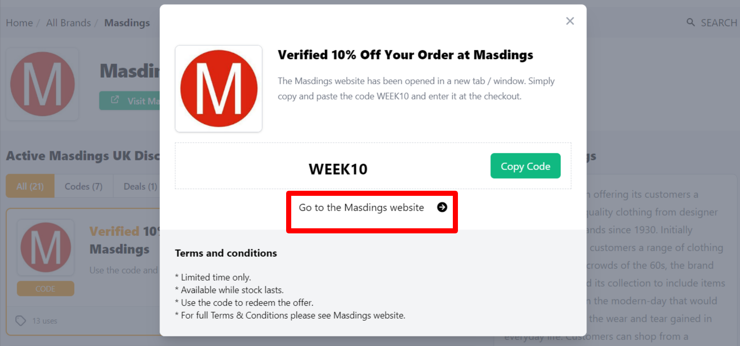 Box displayed on a darkened background of a Masdings voucher code with the terms and conditions showing