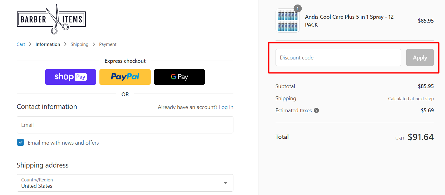 How do I use my Barber Items discount code?