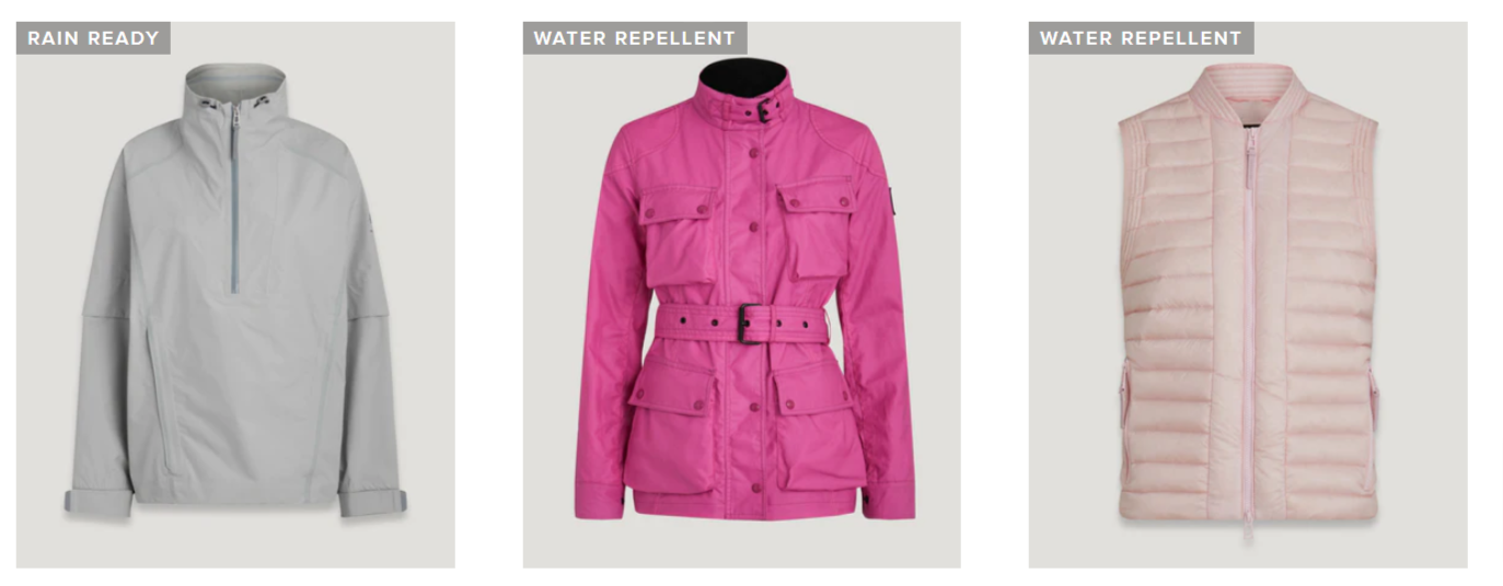 tres abrigos Belstaff de diferentes colores expuestos sobre fondo blanco