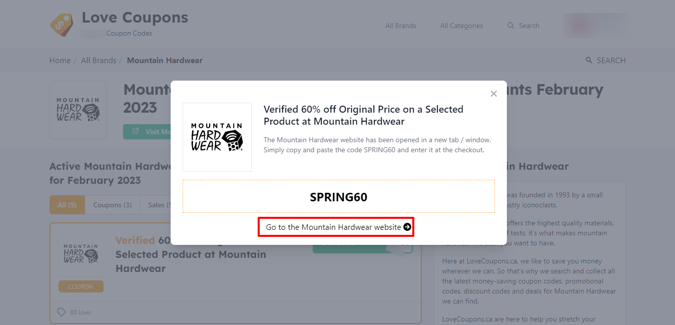 LoveCoupons sites available Mountain Hardwear coupon codes with a red box showing how to get to the brands website
