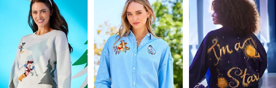 Three beautiful Disney Store models wearing some of Disney Store clothing, top, sweater, and jersey