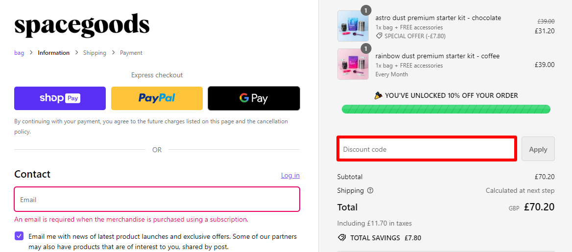 The brand checkout page with where to add the Space Goods promo code highlighted with a red box