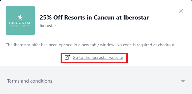Box displayed on a darkened background of a Iberostar coupon code with the terms and conditions showing