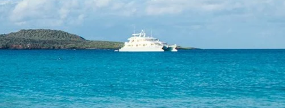 Ein entferntes Schiff in Weiß mit einer kleinen Insel in der Nähe