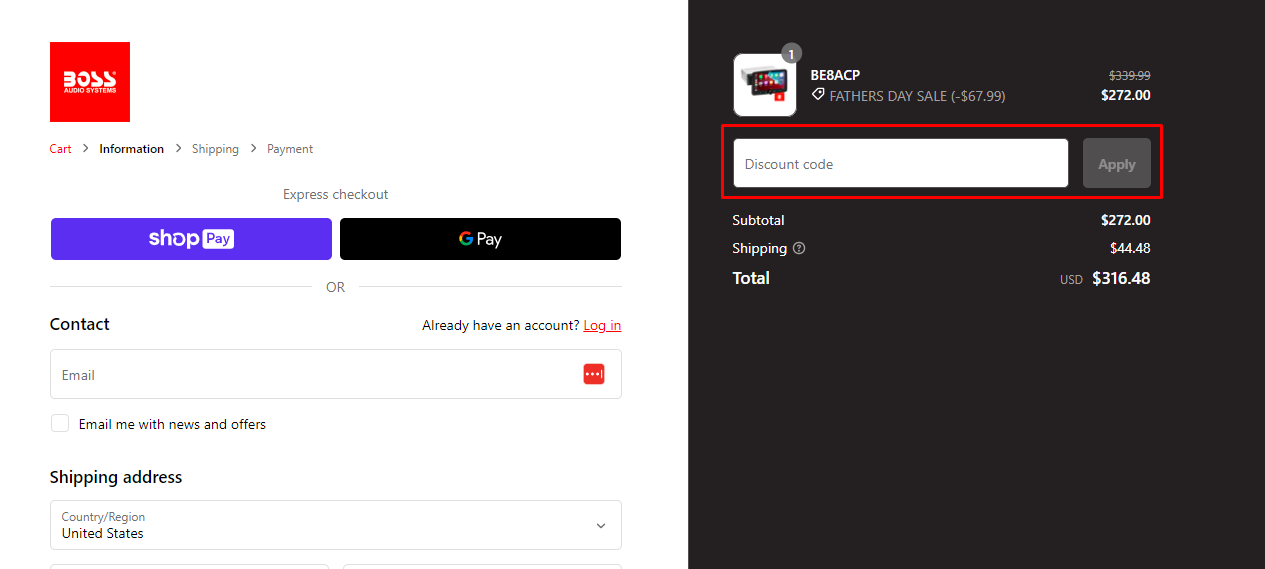 How do I use my Boss Audio Systems discount code?