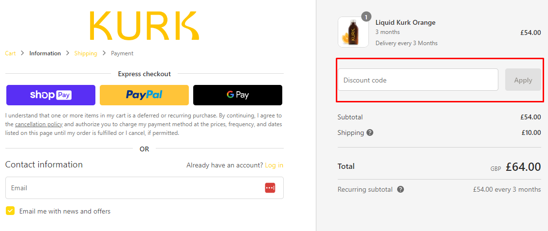 How do I use my Kurk discount code?
