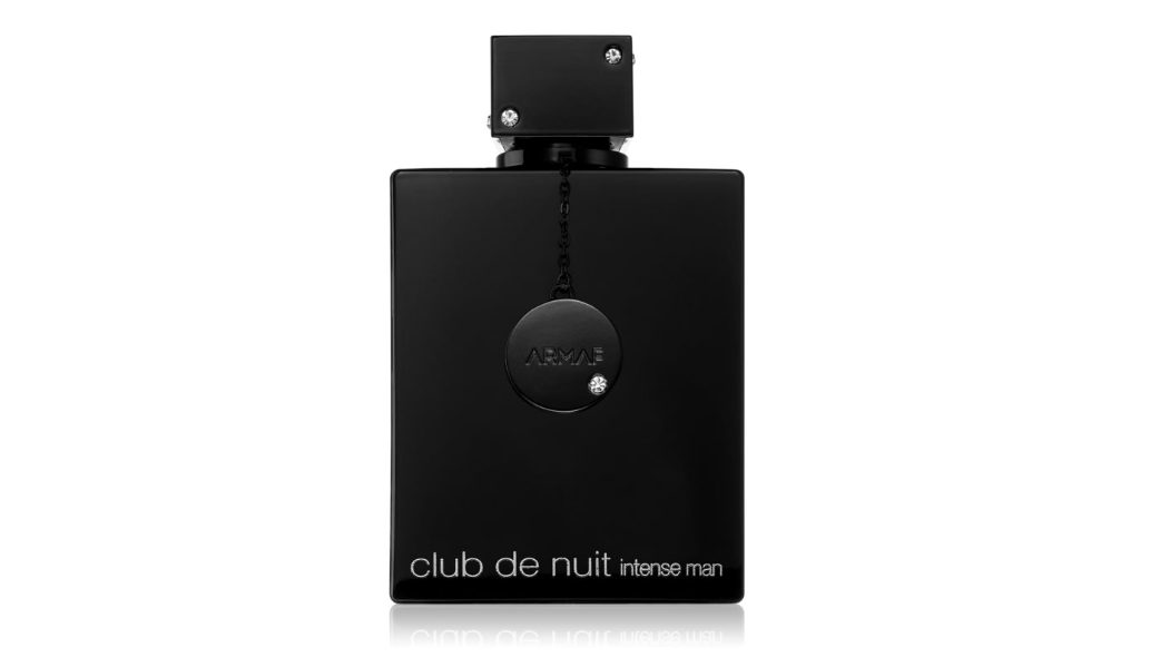 Black bottle with three silver diamantes and the wording Armaf club de nuit intense man