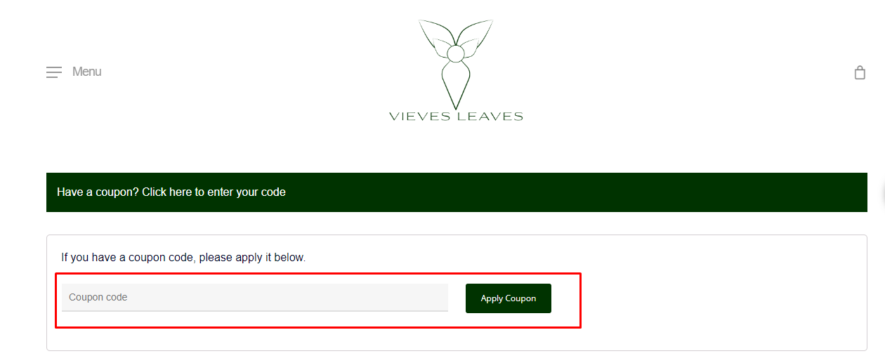 How do I use my Vieve’s Leaves coupon code?