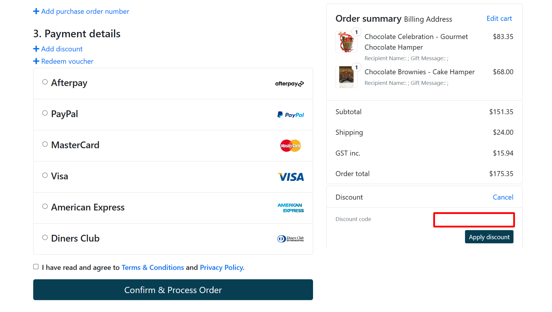Image: The highlighted red box at the brand checkout page is showing where to add the Macarthur Baskets discount code. The highlighted red box at the brand checkout page is showing where to add the Macarthur Baskets discount code.