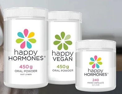 Containers for Happy Healthy You hormones capsules and powder.