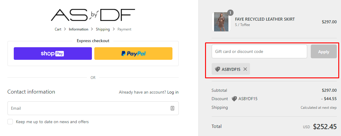 How do I use my AS by DF discount code?