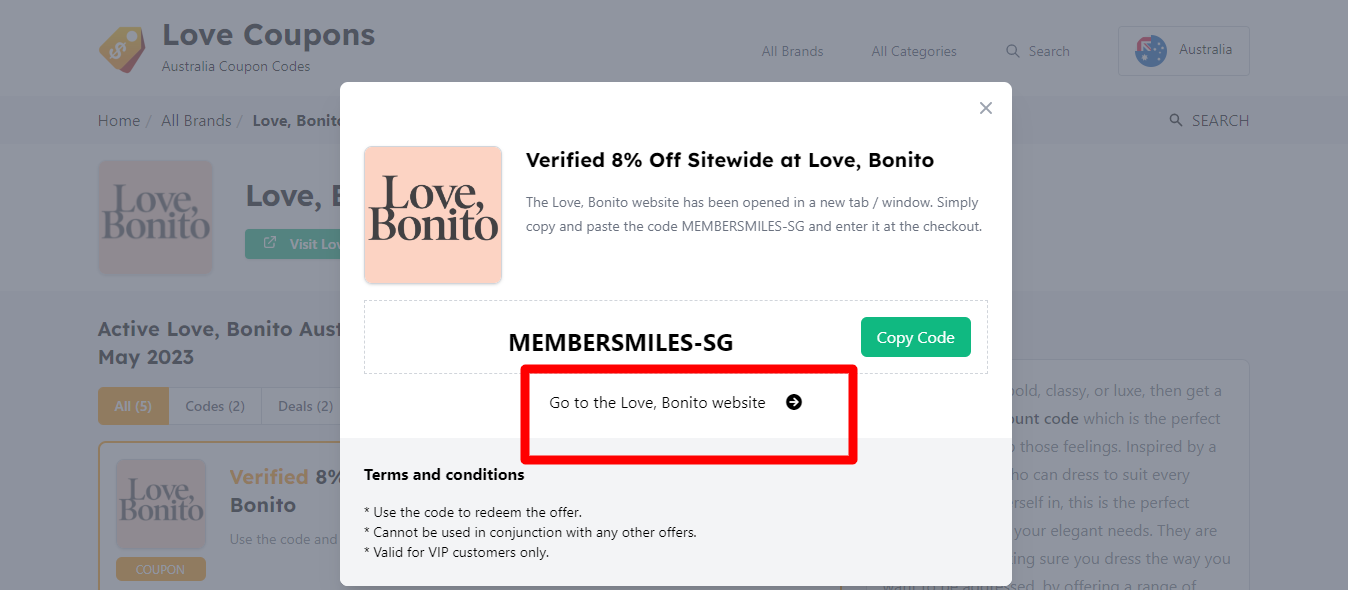 Box displayed on a darkened background of a Love Bonito discount code with the terms and conditions showing