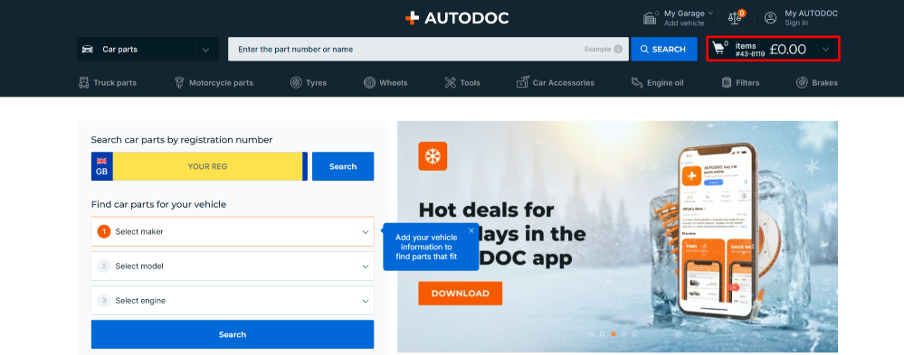 The Autodoc shopping page and the different part categories