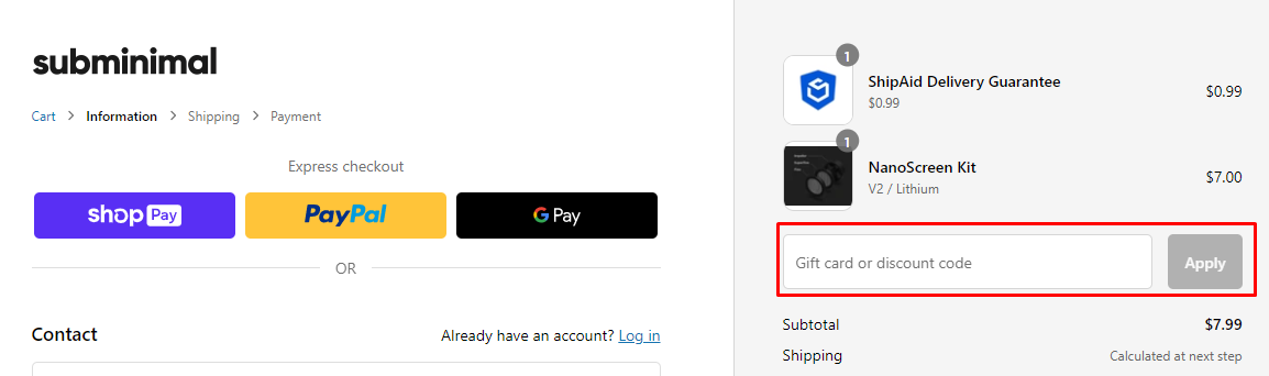 How do I use my Subminimal discount code?